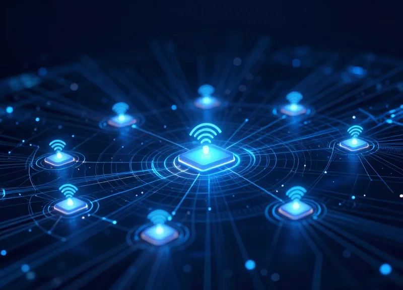 Abstract technology concept showing glowing RFID signal waves and digital connections in a futuristic dark blue environment.