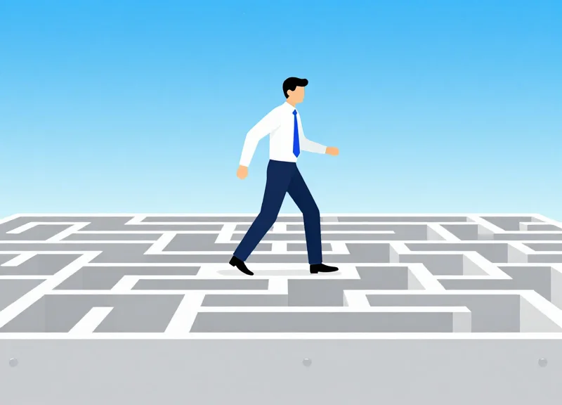 Flat vector illustration of a person walking away from a confusing maze of files into a bright open digital space