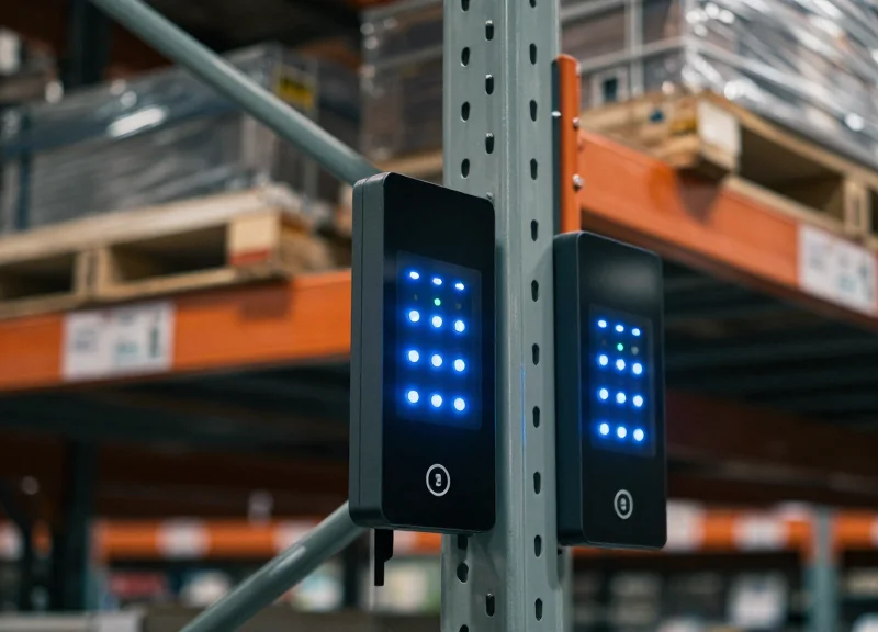 Electronic shelf labels and RFID tags attached to industrial inventory in a high-tech automated warehouse