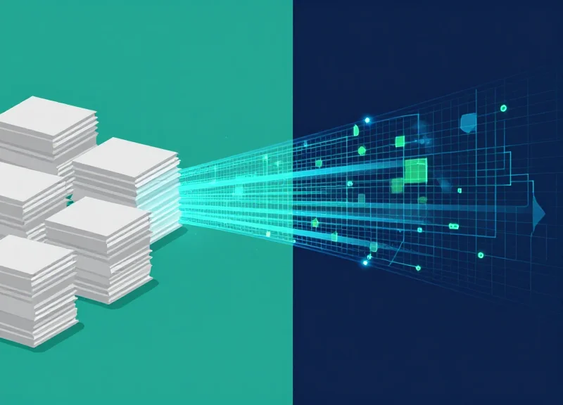A conceptual illustration showing a path from messy stacks of paper files transitioning into a bright, glowing digital data grid.