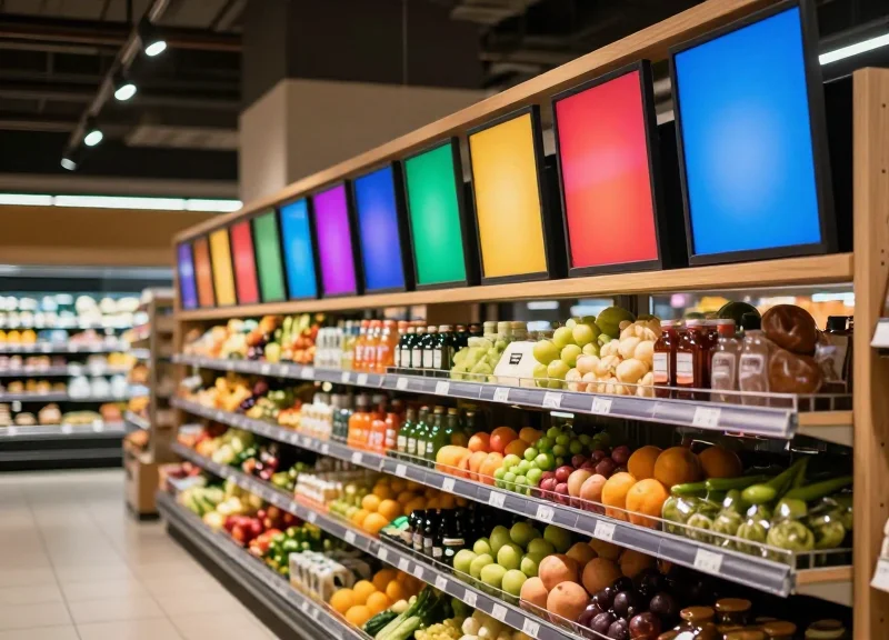 Vibrant full-color electronic shelf labels displayed in a modern supermarket aisle.