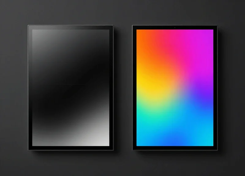 Side-by-side comparison of a standard monochrome E-ink label and a vivid full-color Spectra 6 label.