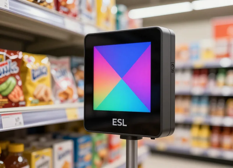Close-up of vibrant full-color electronic shelf labels mounted on modern supermarket shelving with a blurred retail aisle in the background.