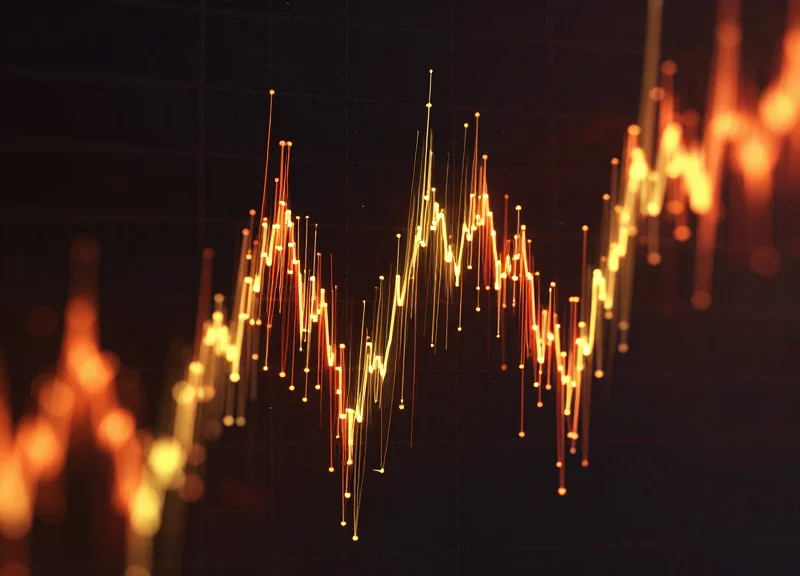 Abstract visualization of glowing fiber optic lines trending upwards representing high return on investment.