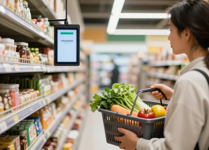 A happy customer shopping for vegetables and checking the price on a modern electronic shelf label.