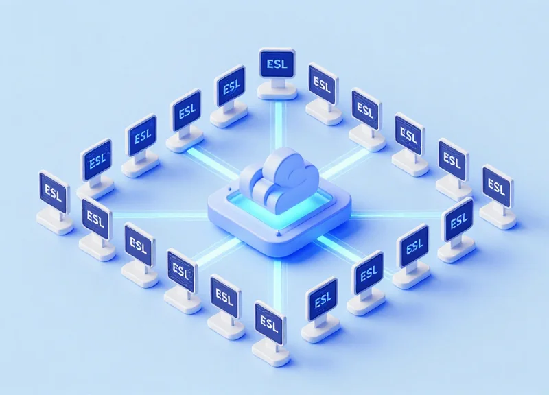 An isometric 3D illustration showing a network of small electronic shelf labels connected to a central cloud server through glowing data lines, representing technical inventory synchronization.