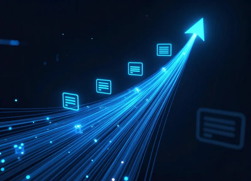 Abstract digital data streams connecting a cloud icon to supermarket shelf labels