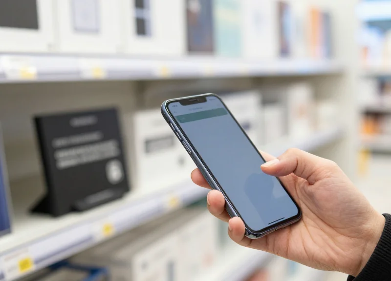 A shopper using a smartphone to interact with an electronic shelf label in a modern store