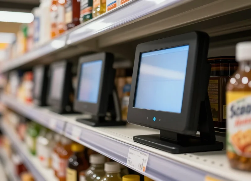 Close-up of sleek electronic shelf labels on a modern supermarket shelf with blurred grocery products in a futuristic retail environment.