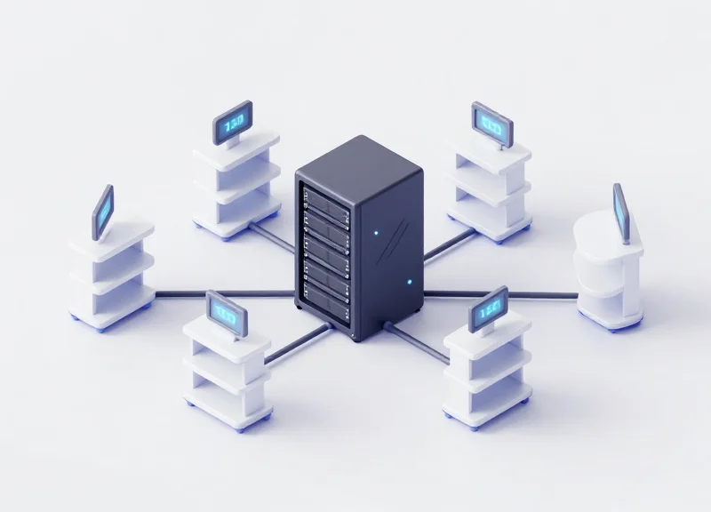 Isometric 3D model showing a central server hub connecting to multiple retail shelf units with digital tags.