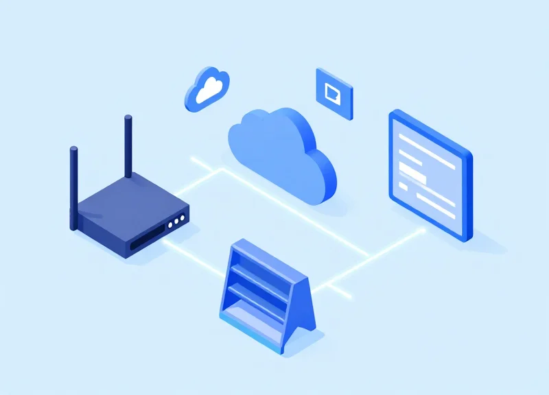 A 2.5D micro model of retail tech infrastructure including routers, clouds, and shelf displays.