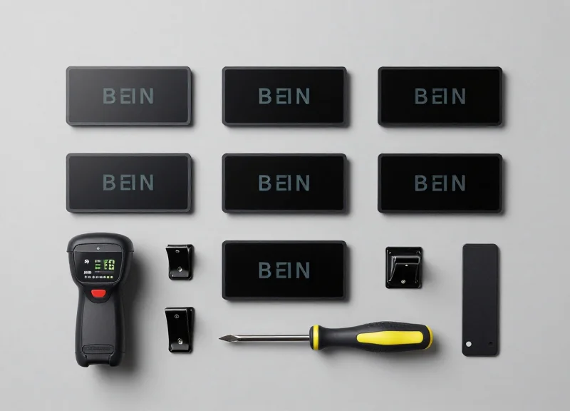 A neatly organized flat lay of ESL installation tools including labels, scanner, and mounting clips on a gray table.