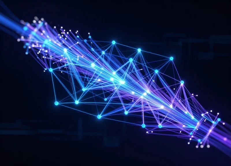 Abstract blue and purple data streams representing a wireless network backbone for a retail system.