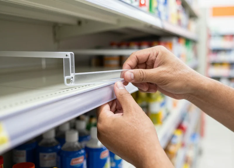 Hands carefully mounting a plastic rail onto a grocery shelf in a convenience store setting.
