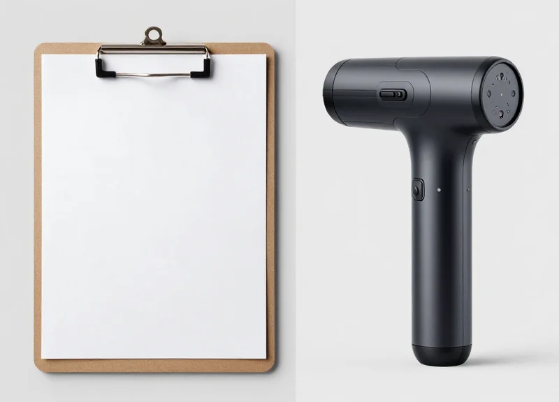 Visual comparison of a traditional manual paper clipboard versus a digital handheld scanner used for price verification.