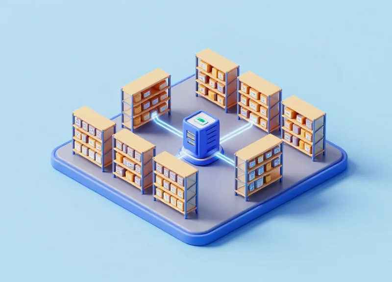 Isometric view of a smart warehouse system with digital price updates