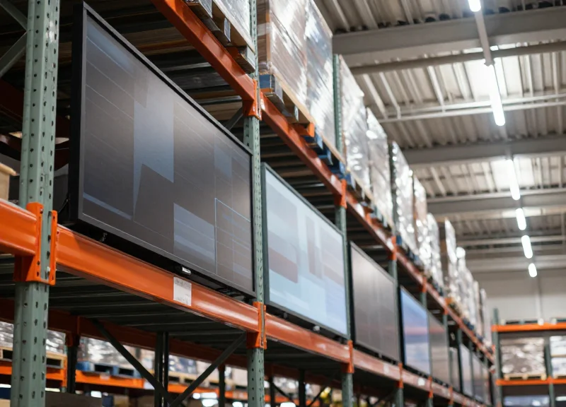A professional wide-angle photo of a warehouse retail store with high ceilings and large digital electronic shelf labels mounted on tall industrial shelving.
