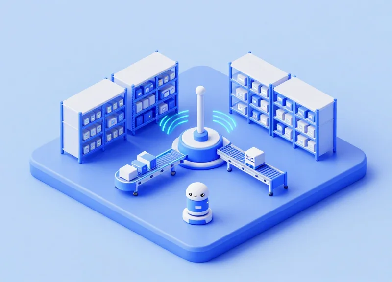 Isometric view of a smart warehouse system utilizing RFID scanners and data transmission