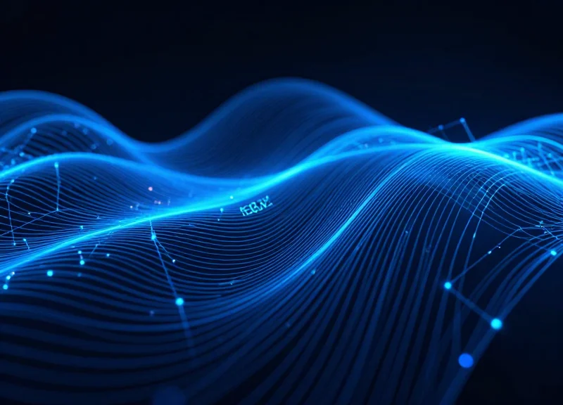 Abstract visualization of low-frequency Sub-GHz radio waves propagating through a dark space.