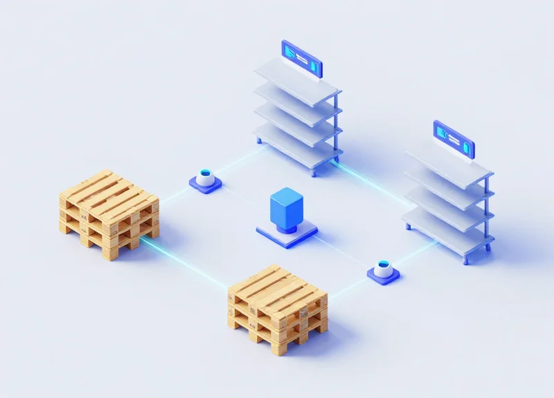 Isometric view of a retail logistics hub showing the synergy between RFID tracking and ESL tag updates.