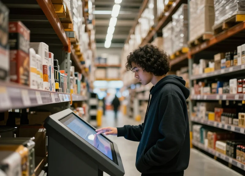 A warehouse club member interacting with a modern digital shelf display in a clean, high-tech shopping environment.