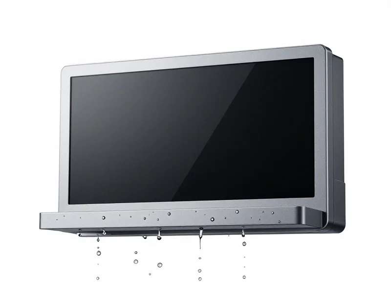 A waterproof electronic shelf label being splashed with water to demonstrate IP rating.