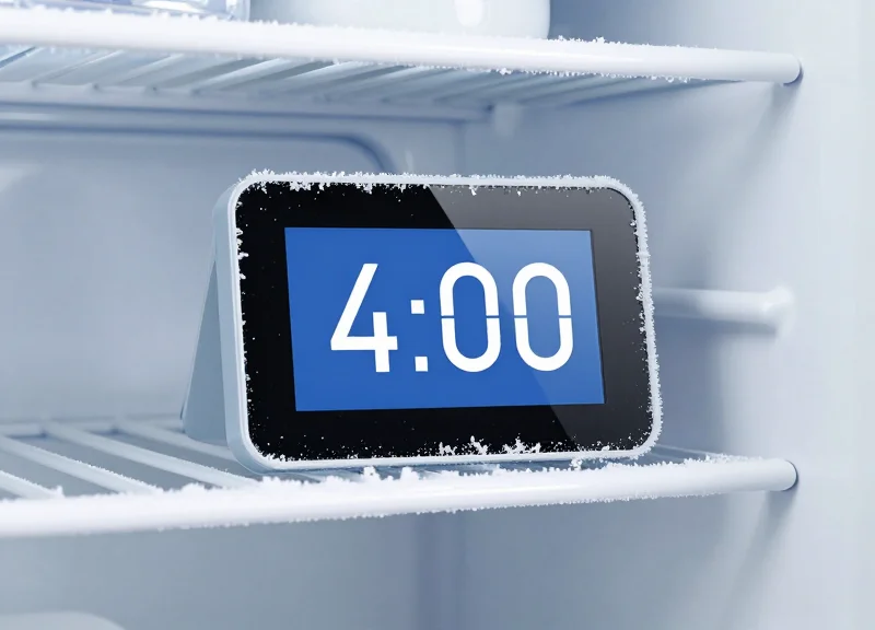An electronic shelf label inside a freezer surrounded by light frost.