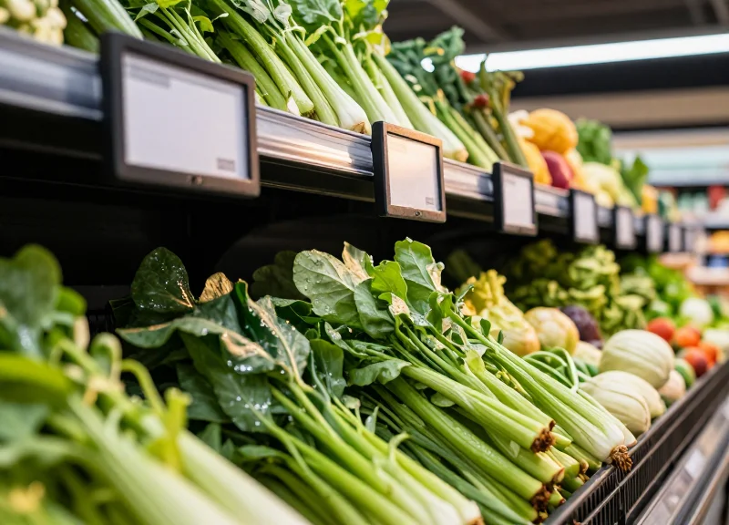 Electronic shelf labels used in a fresh produce market section.