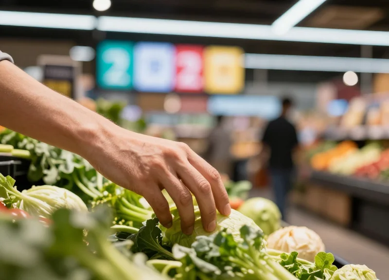 A shopper interacting with a digital price display at a fresh food stall