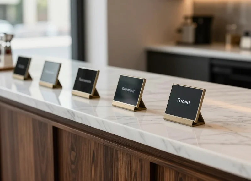 Digital labels blending seamlessly with premium bakery decor including marble and dark wood surfaces.