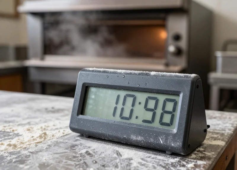 A digital tag in a bakery kitchen environment near flour and baking equipment to show durability.