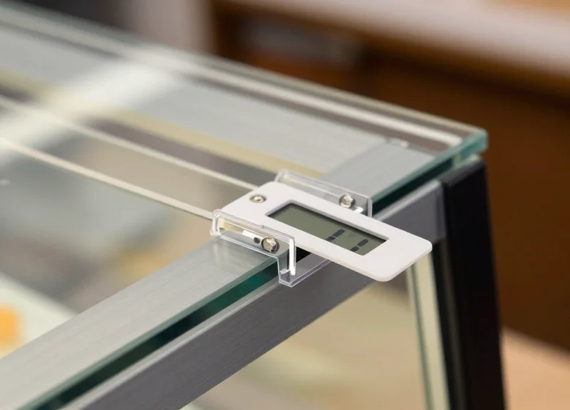 Close up of a mounting clip and digital tag on a bakery display case shelf.