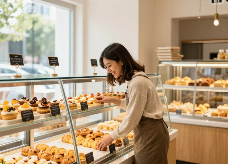 A customer smiling while looking at fresh baked goods and clear digital displays in a bright bakery.