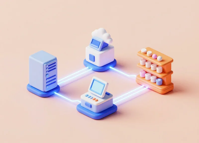 3D isometric model showing the connection between store shelving, servers, and central management systems.