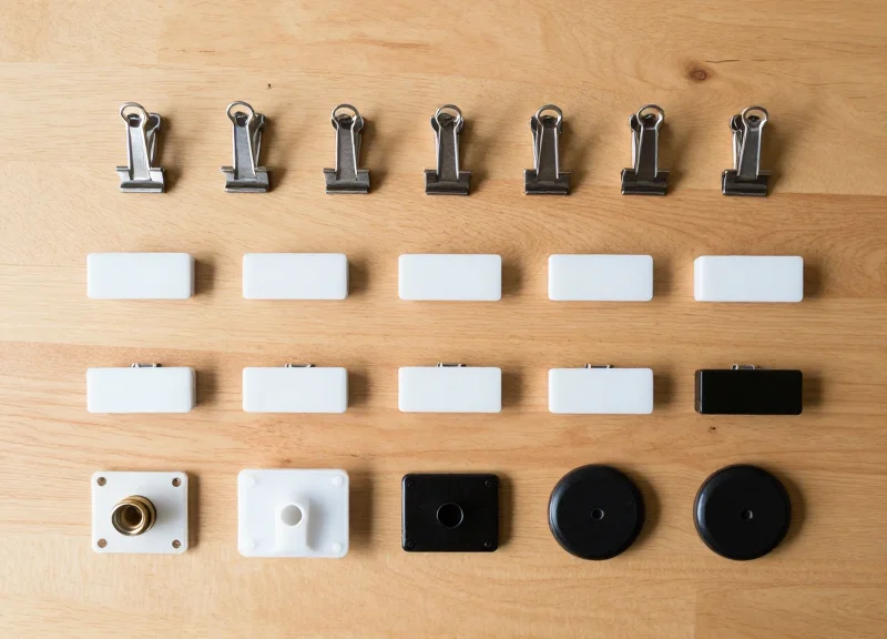 A collection of different mounting stands and clips for digital buffet labels.
