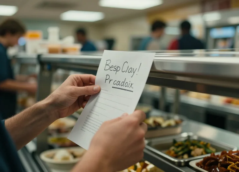A stressed cafeteria worker attempting to tape a paper sign onto a food counter in a busy canteen.