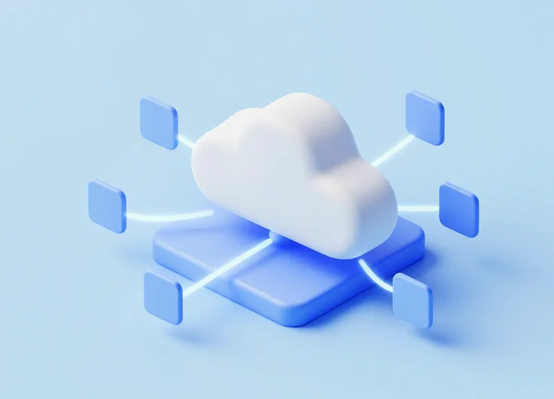 An isometric 3D model showing a server connected to various digital price tags.