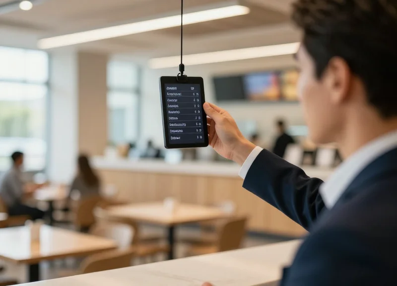 A diner looking at a digital menu display at a modern food counter.