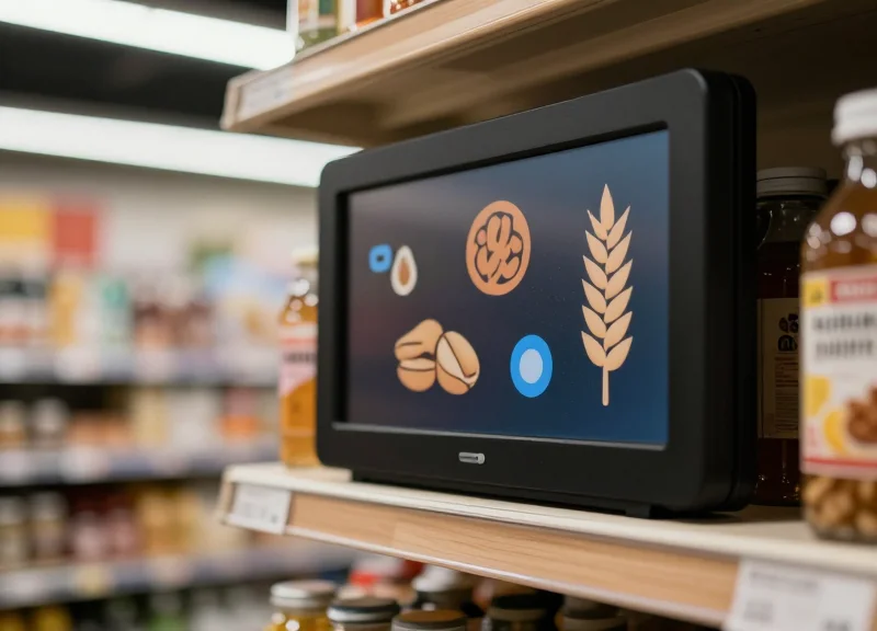 A close-up of a modern electronic shelf label displaying product information in a retail setting.