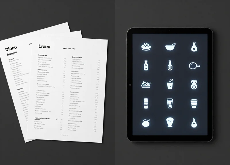 A comparison between a traditional paper menu and a modern digital nutritional display.
