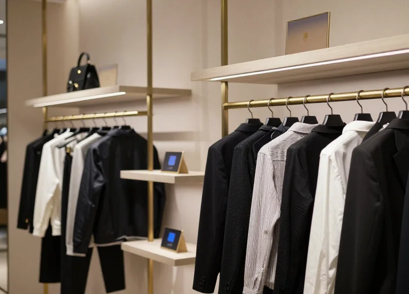 A modern high-end fashion boutique interior with subtle digital price tags integrated into the shelving.