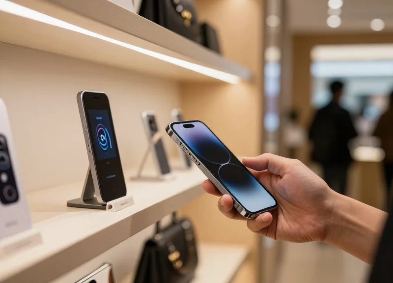 A customer interacting with a digital tag using a smartphone in a boutique.