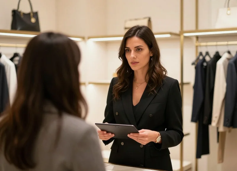 An elegant store associate providing personalized service to a customer in a high-end luxury boutique setting.