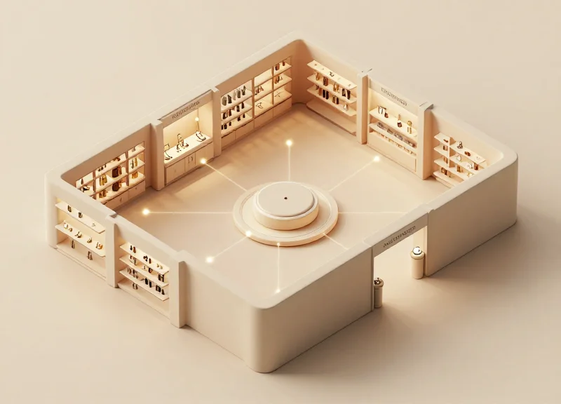 Isometric 3D view of a boutique floor plan connected by digital data nodes.