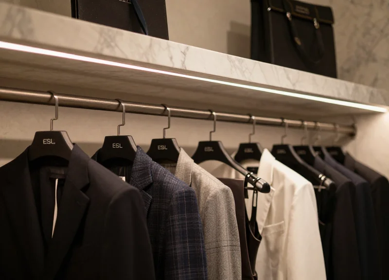 A wide shot of a high-end luxury retail boutique featuring minimalist electronic shelf labels integrated into high-fashion displays, cinematic lighting.