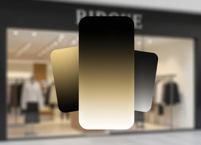 A conceptual smartphone interface with glassmorphism effects showing an abstract luxury shopping application layout.