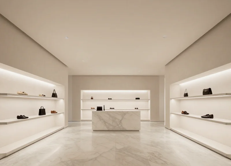 Wide shot of a minimalist luxury retail space with vast open areas and architectural lighting.