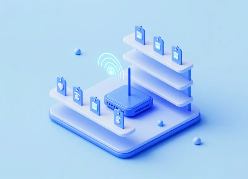 Isometric 3D view of a wireless connectivity network in a retail store connecting tags to a central hub