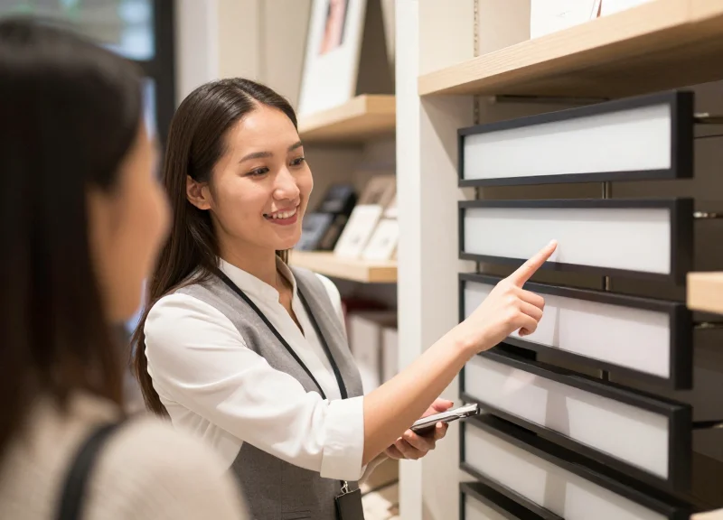 Store associate assisting a customer by showing stock information on a digital shelf label.