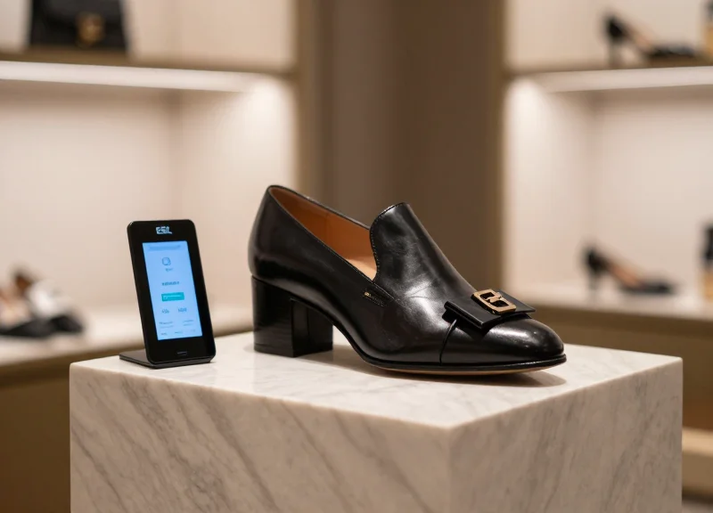 A luxury leather shoe displayed on a marble stand with a sleek electronic shelf label (ESL) in a high-end boutique.